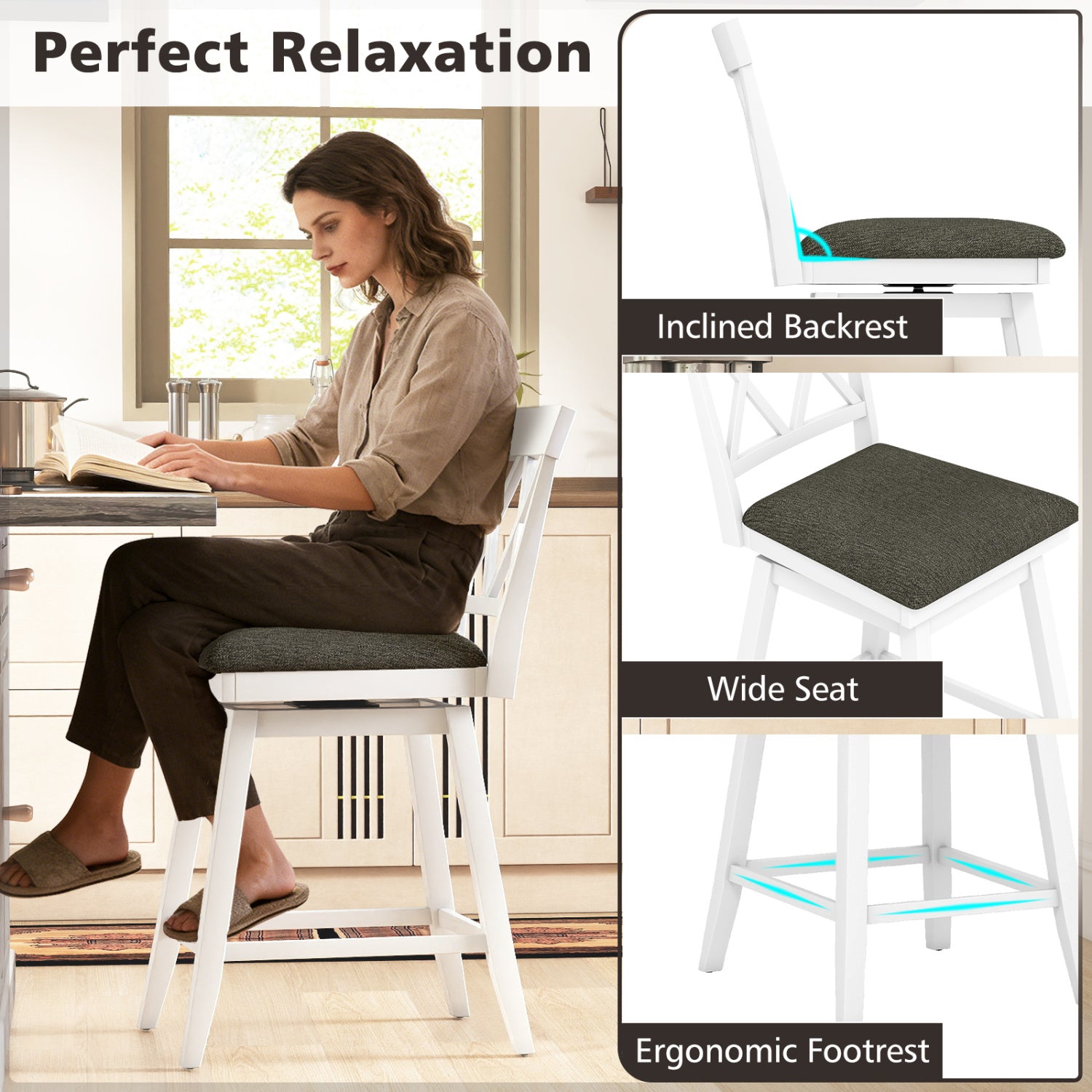 Set of 2 Swivel Bar Stools Counter Height Barstools with Backrest Upholstered Seat Cushion-24 inches