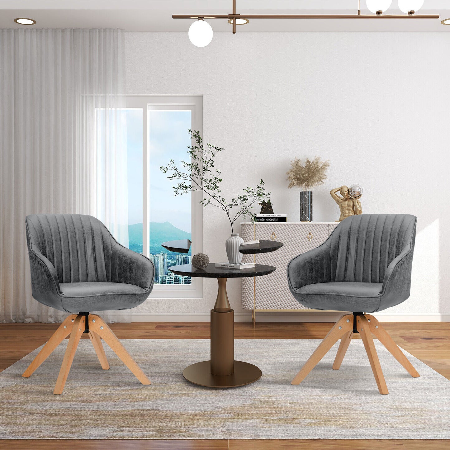 Modern Leathaire Set of 2 Swivel Accent Chair with Beech Wood Legs-Gray