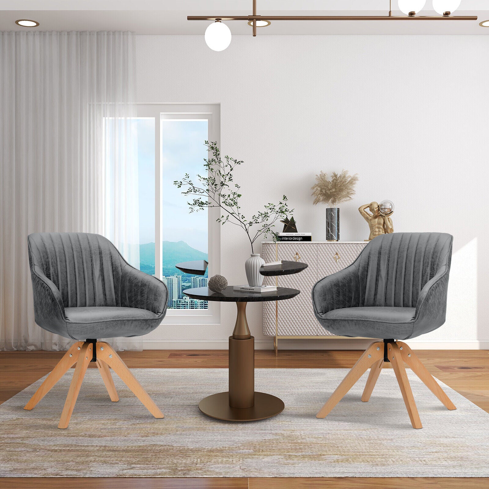 Modern Leathaire Set of 2 Swivel Accent Chair with Beech Wood Legs-Gray