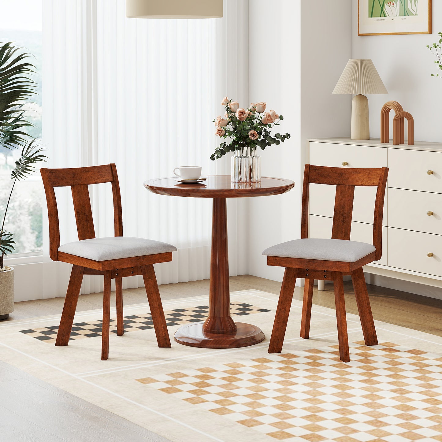 Set of 2 Swivel Dining Room Chairs with Rubber Wood Frame-Walnut