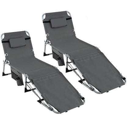 Set of 2 Tanning Chairs with Face Arm Holes Portable with 4-Level Backrest-Gray