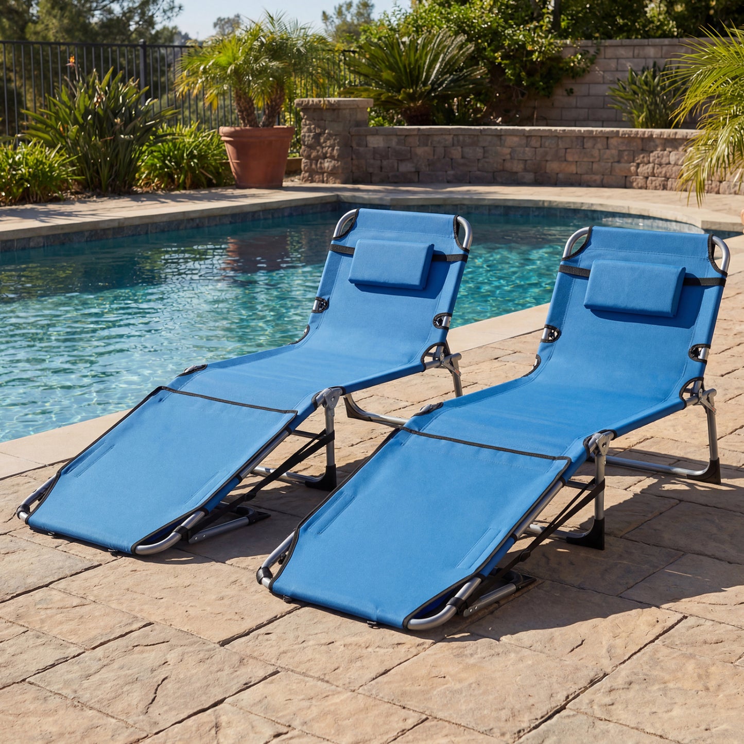 Set of 2 Tanning Chairs with Face Arm Holes Portable with 4-Level Backrest-Blue