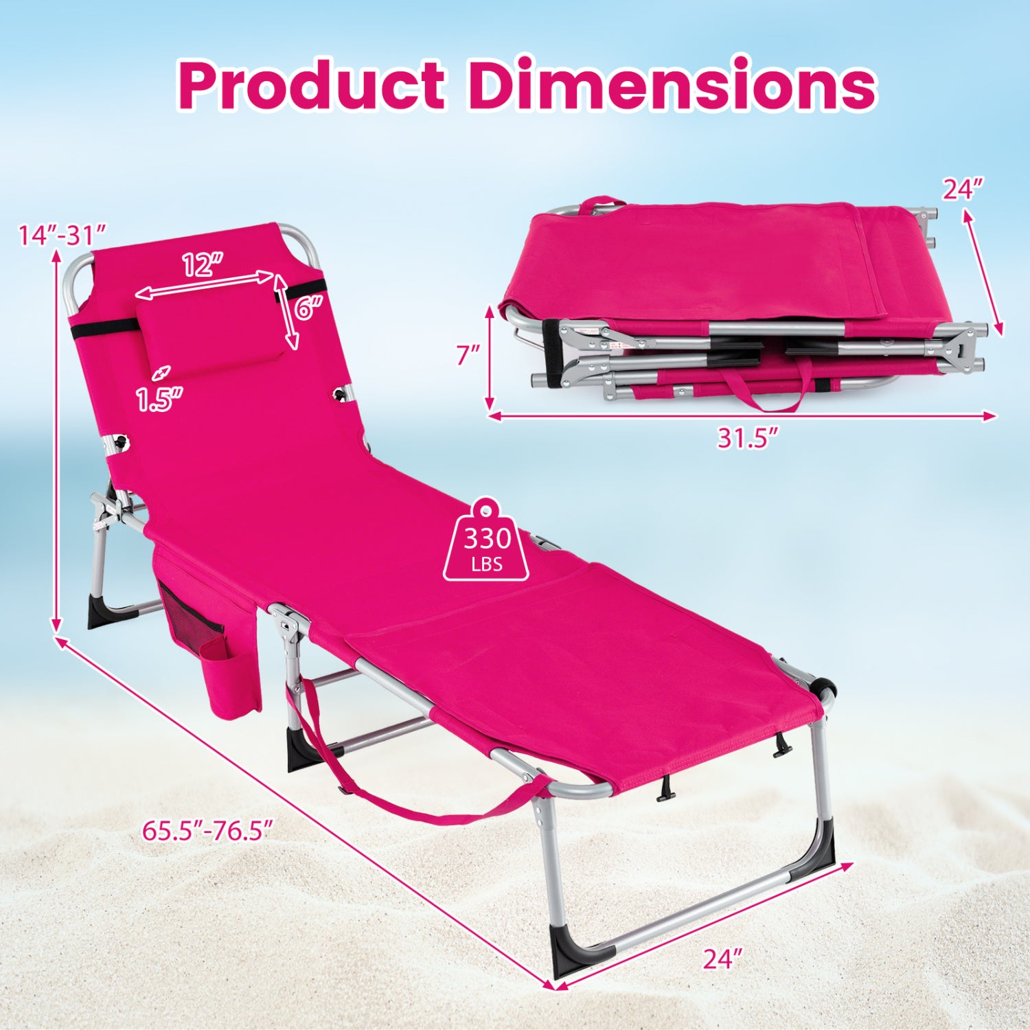 Set of 2 Tanning Chairs with Face Arm Holes Portable with 4-Level Backrest-Pink