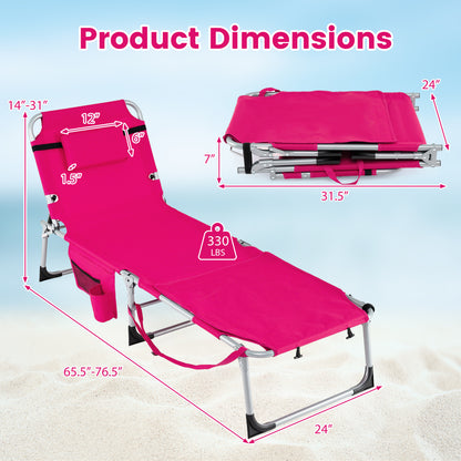 Set of 2 Tanning Chairs with Face Arm Holes Portable with 4-Level Backrest-Pink