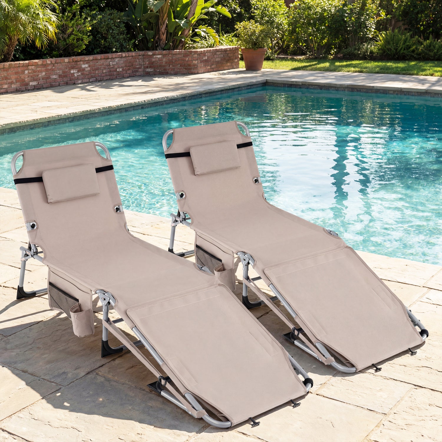 Set of 2 Tanning Chairs with Face Arm Holes Portable with 4-Level Backrest-Beige