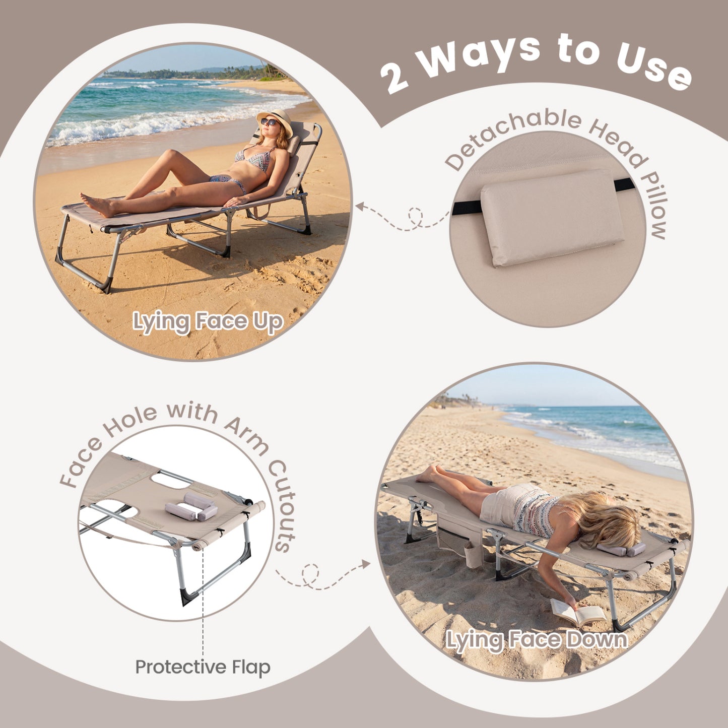 Set of 2 Tanning Chairs with Face Arm Holes Portable with 4-Level Backrest-Beige