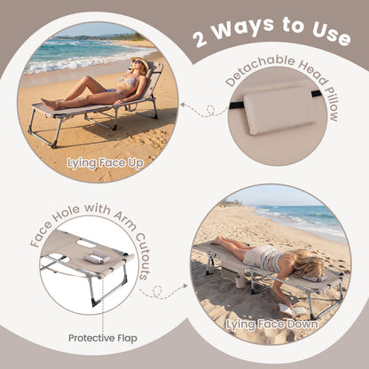 Set of 2 Tanning Chairs with Face Arm Holes Portable with 4-Level Backrest-Beige