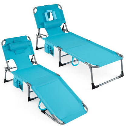Set of 2 Tanning Chair Portable Chaise Lounge Chair with 4-Position Adjustable Backrest-Turquoise