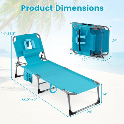 Set of 2 Tanning Chair Portable Chaise Lounge Chair with 4-Position Adjustable Backrest-Turquoise