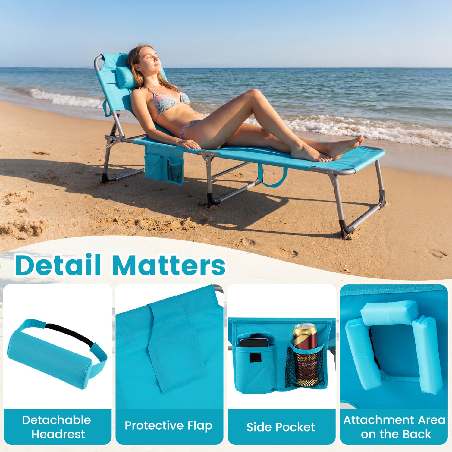 Set of 2 Tanning Chair Portable Chaise Lounge Chair with 4-Position Adjustable Backrest-Turquoise