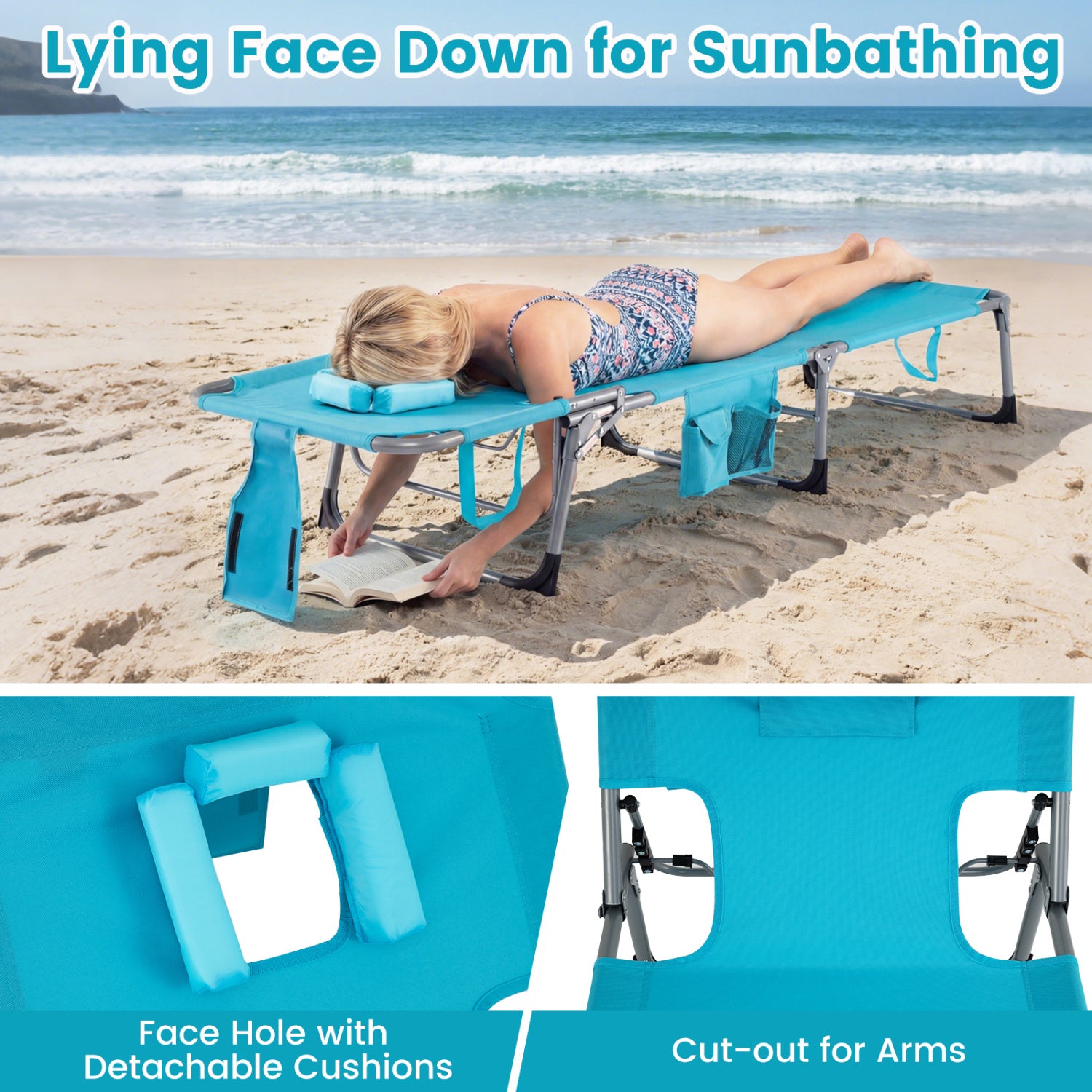 Set of 2 Tanning Chair Portable Chaise Lounge Chair with 4-Position Adjustable Backrest-Turquoise