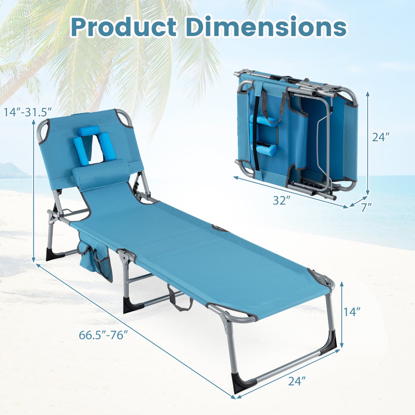 Set of 2 Tanning Chair Portable Chaise Lounge Chair with 4-Position Adjustable Backrest-Navy