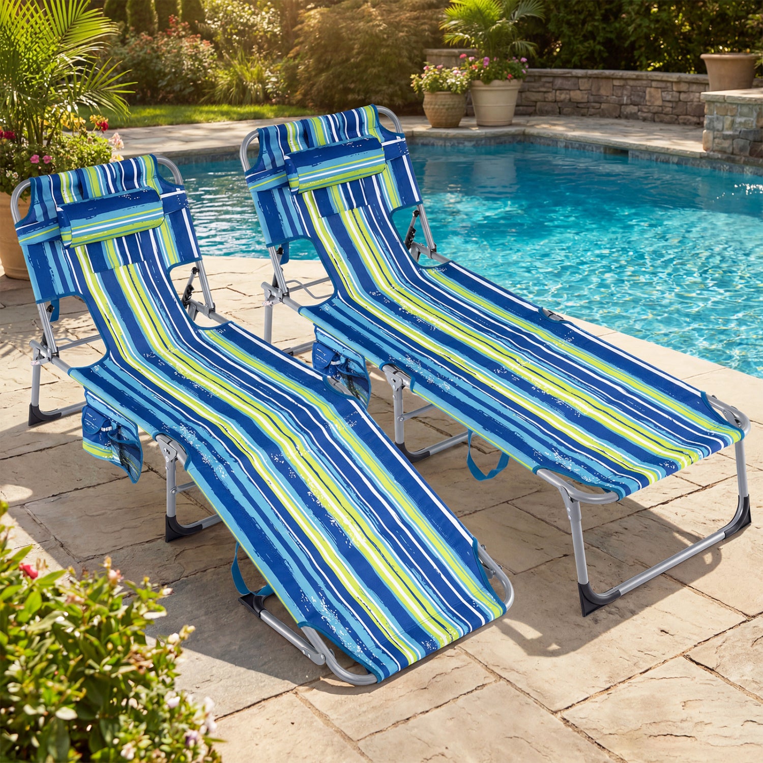 Set of 2 Tanning Chair Portable Chaise Lounge Chair with 4-Position Adjustable Backrest-Multicolor