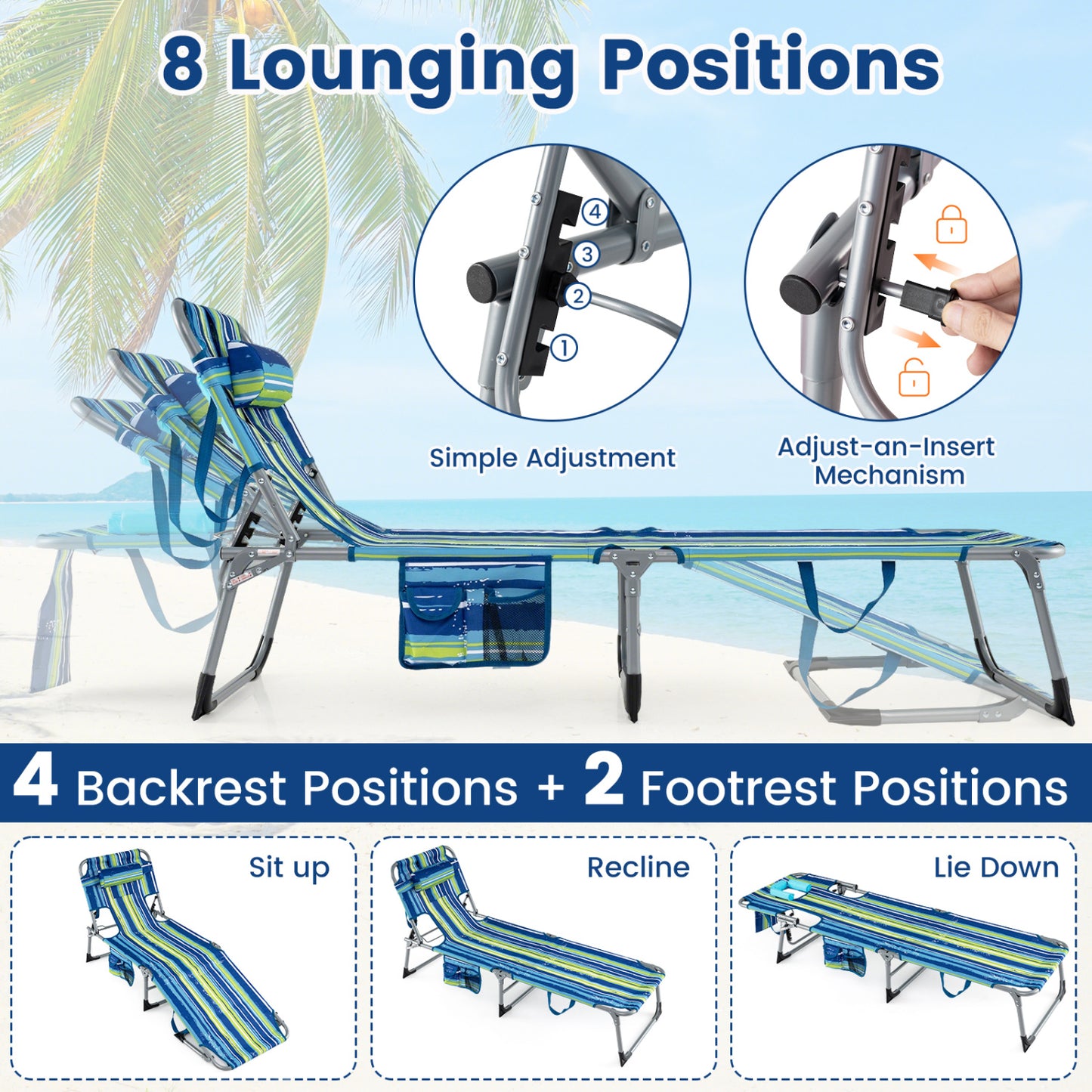 Set of 2 Tanning Chair Portable Chaise Lounge Chair with 4-Position Adjustable Backrest-Multicolor