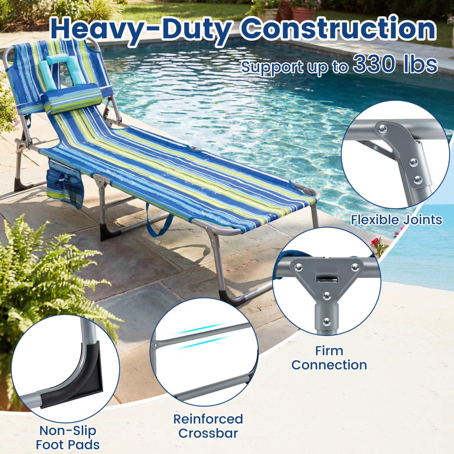 Set of 2 Tanning Chair Portable Chaise Lounge Chair with 4-Position Adjustable Backrest-Multicolor