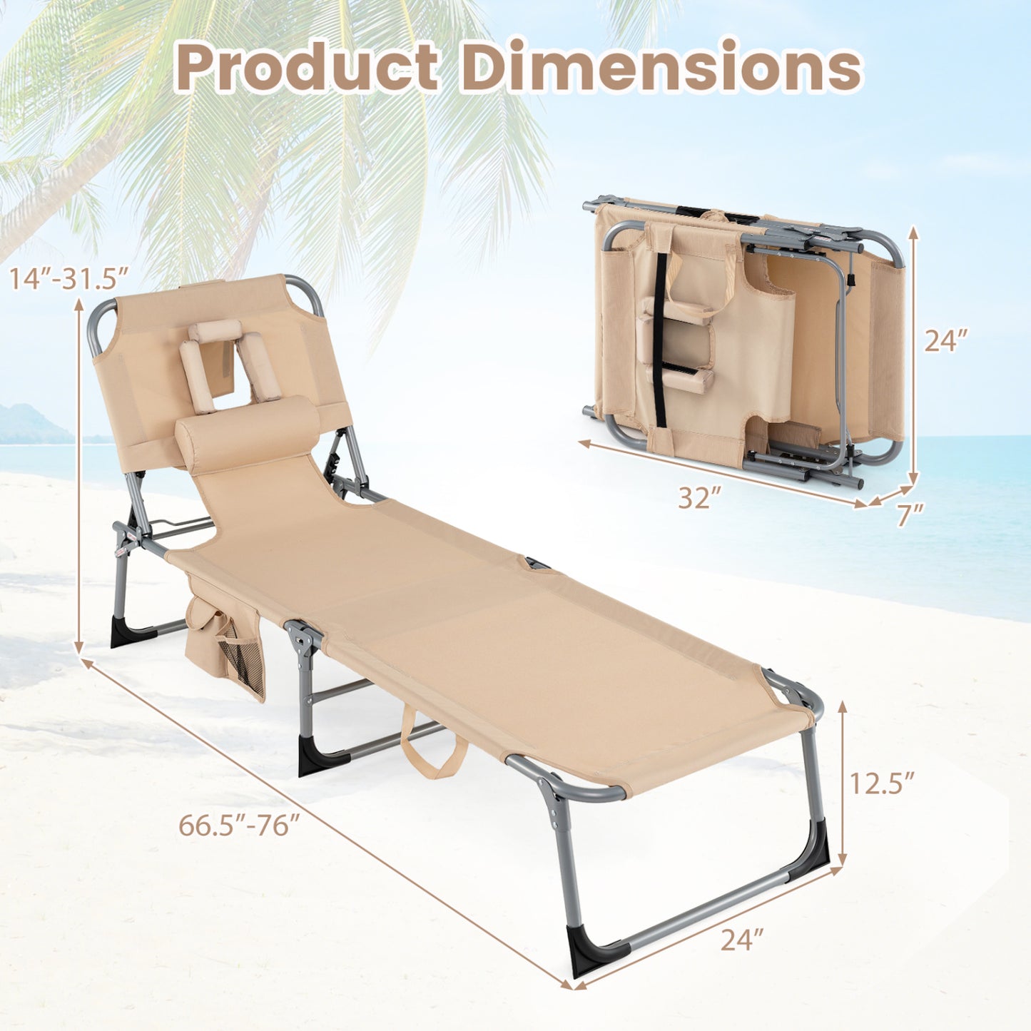 Adjustable Tanning Chaise Lounge Set of 2 with Face Hole