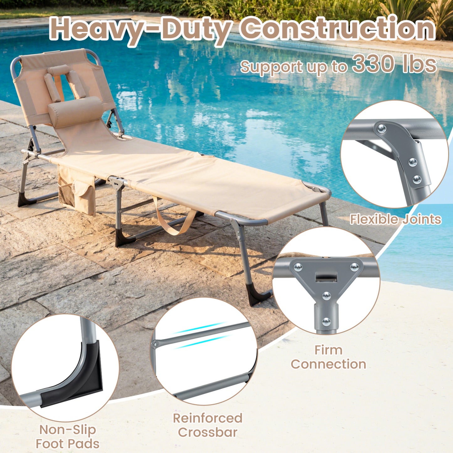 Adjustable Tanning Chaise Lounge Set of 2 with Face Hole