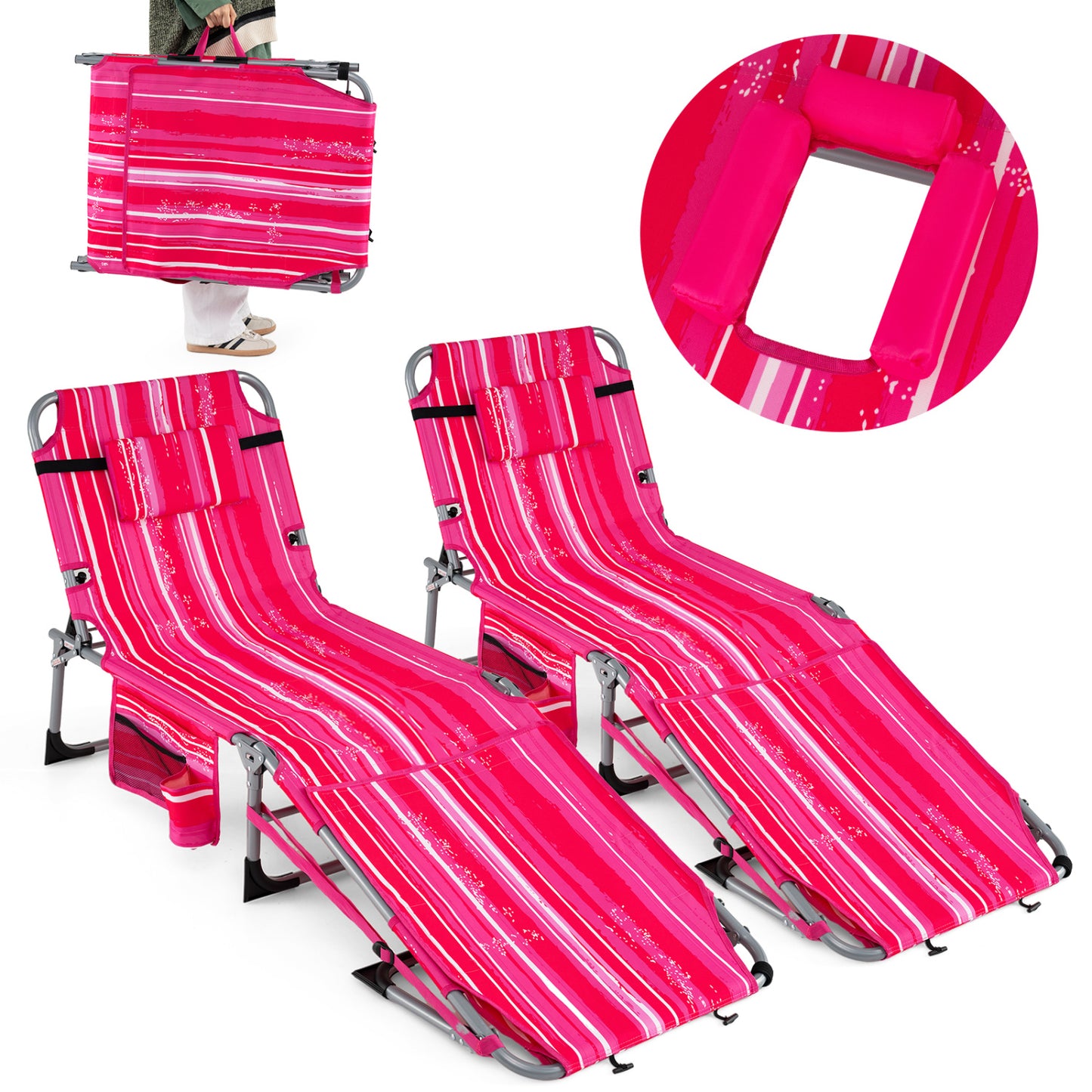 Set of 2 Tanning Chairs with Face Arm Holes Portable with 4-Level Backrest-Gray - Pink Strip