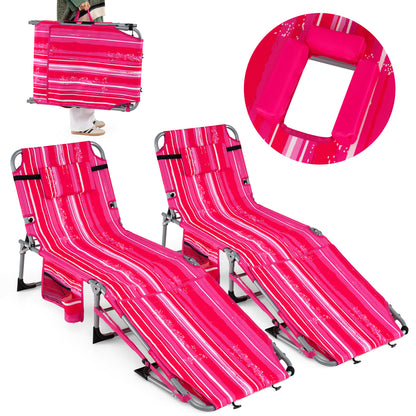 Set of 2 Tanning Chairs with Face Arm Holes Portable with 4-Level Backrest-Gray - Pink Strip