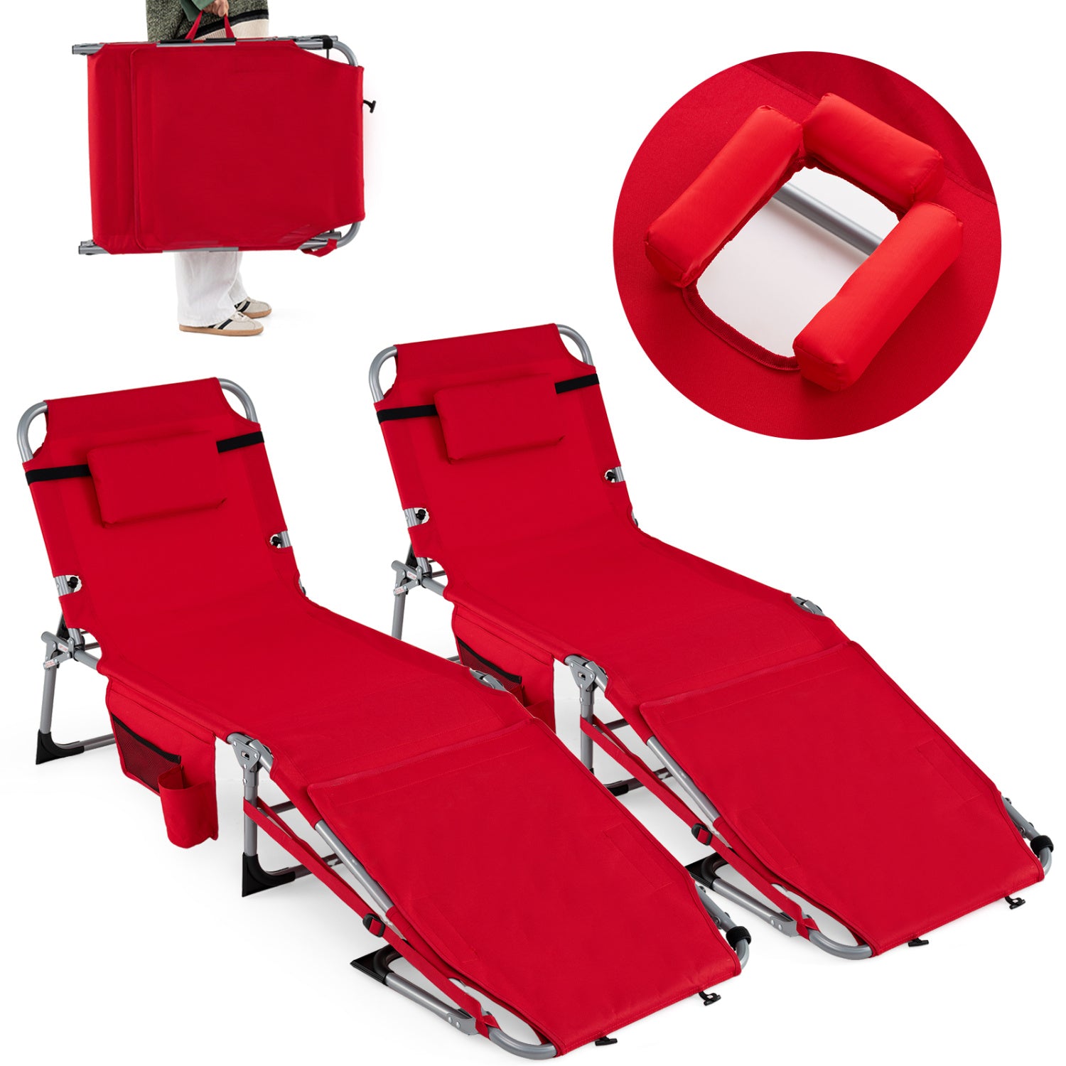 Set of 2 Tanning Chairs with Face Arm Holes Portable with 4-Level Backrest-Gray - Red