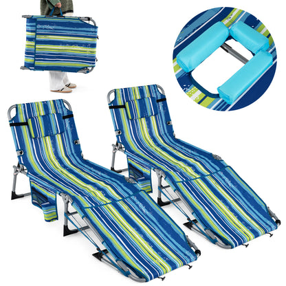 Set of 2 Tanning Chairs with Face Arm Holes Portable with 4-Level Backrest-Gray - Blue & Green