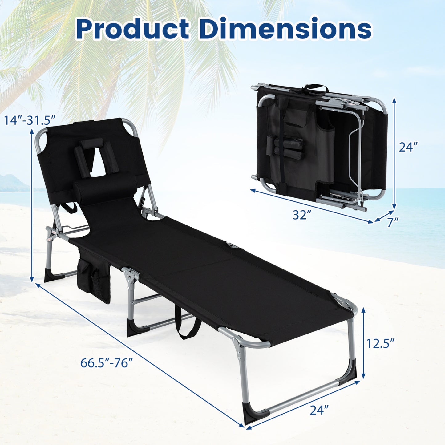 Adjustable Tanning Chaise Lounge Set of 2 with Face Hole
