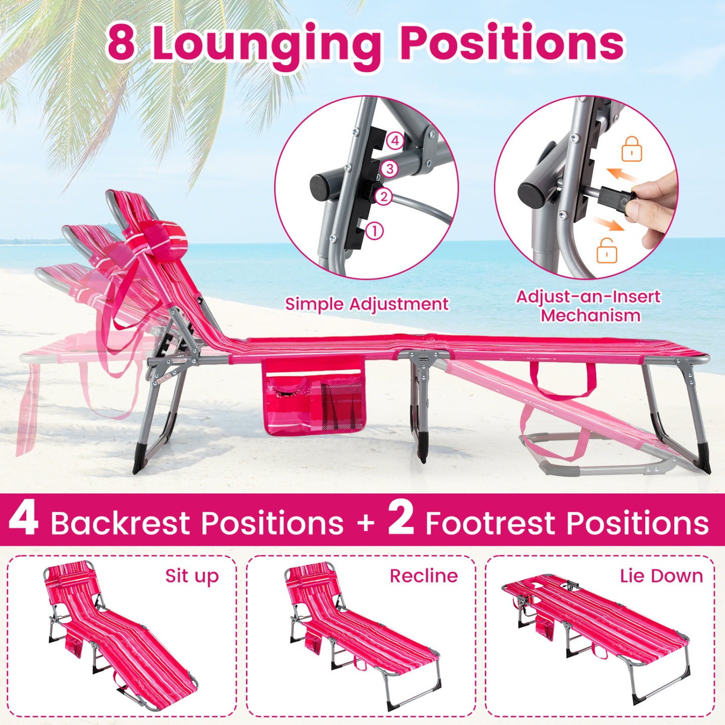 Adjustable Tanning Chaise Lounge Set of 2 with Face Hole
