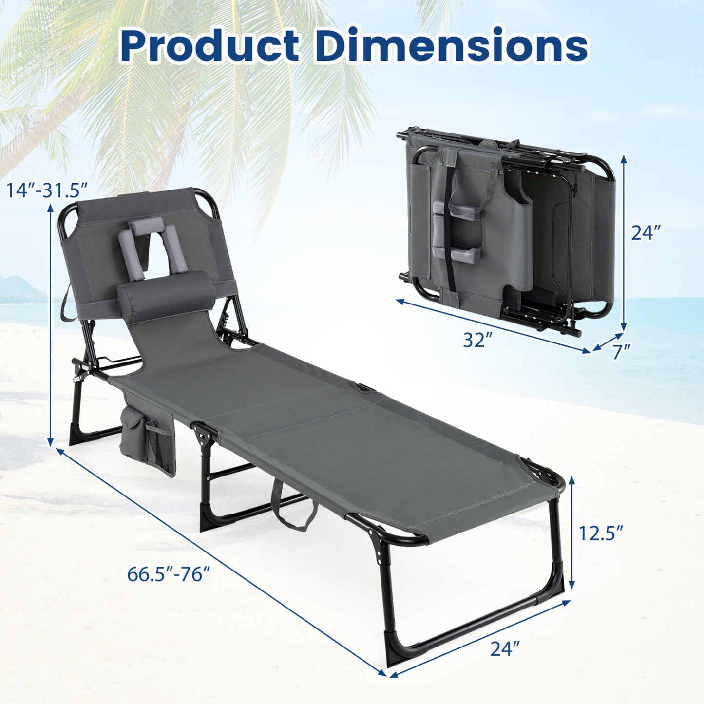 Adjustable Tanning Chaise Lounge Set of 2 with Face Hole