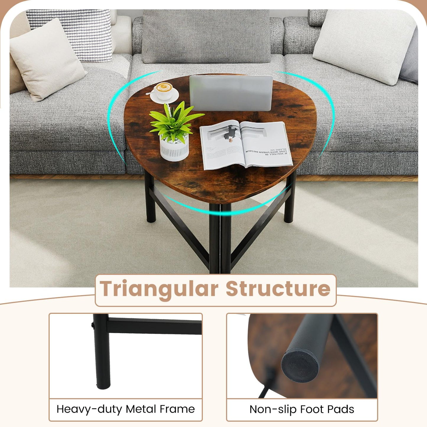 Set of 2 Triangle Coffee Table Oval with Metal Legs-Rustic Brown