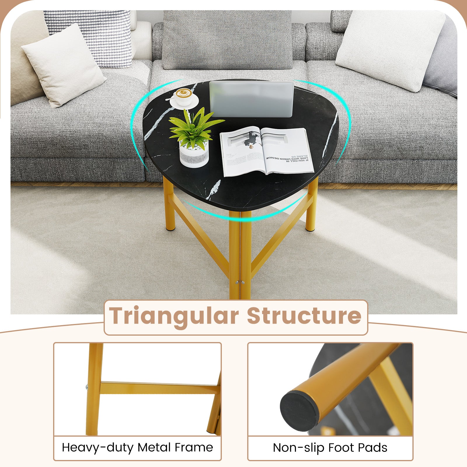 Set of 2 Triangle Coffee Table Oval with Metal Legs-Black