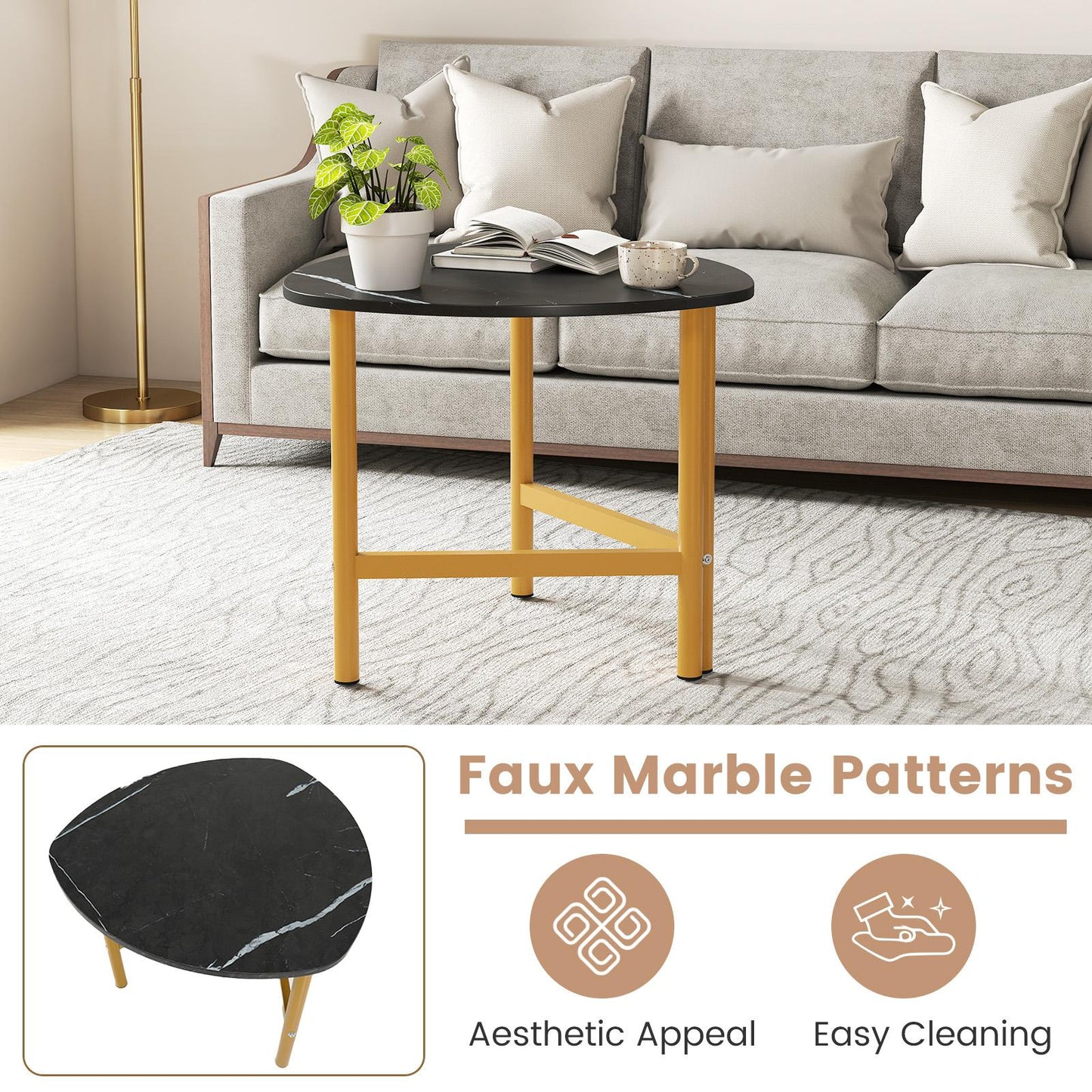 Set of 2 Triangle Coffee Table Oval with Metal Legs-Black