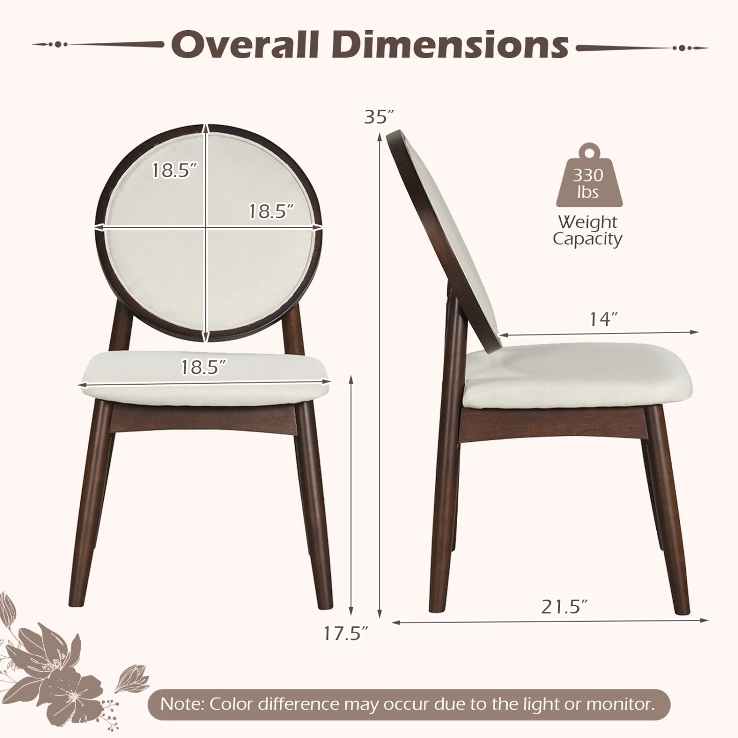 Set of 2 Upholstered Linen Fabric Kitchen Side Chairs with Padded Seat-Beige