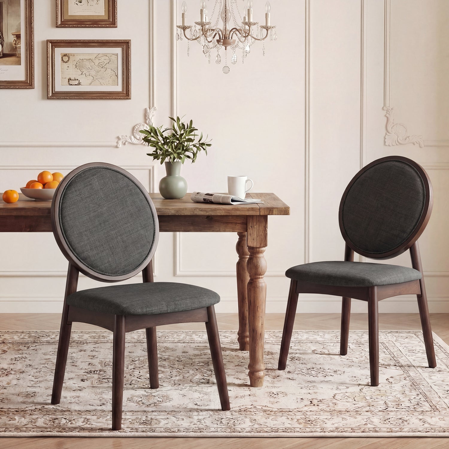 Set of 2 Upholstered Linen Fabric Kitchen Side Chairs with Padded Seat-Black