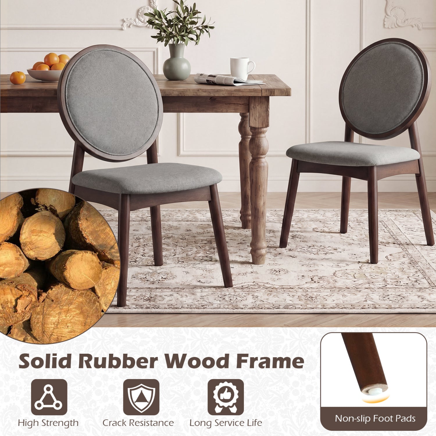 Set of 2 Upholstered Linen Fabric Kitchen Side Chairs with Padded Seat-Gray