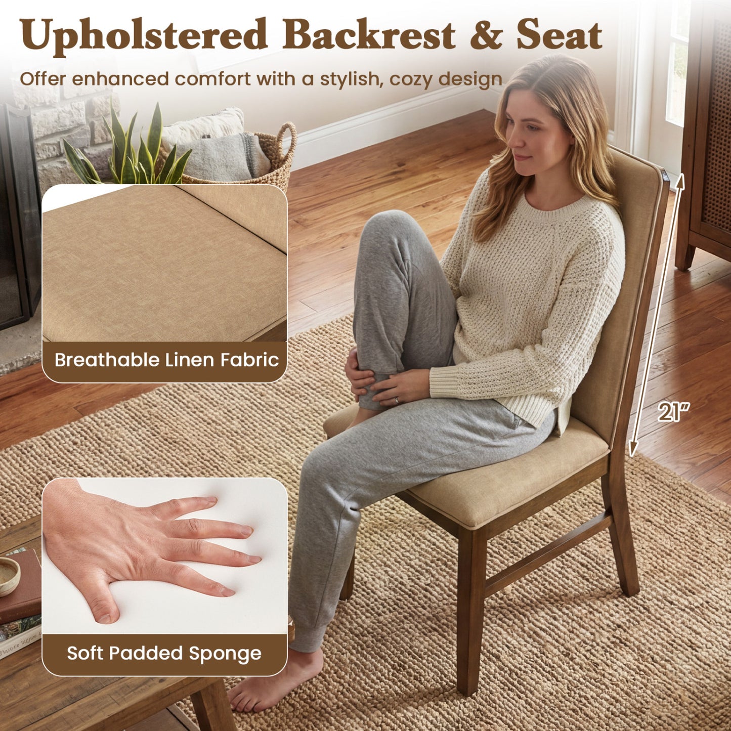 Set of 2 Upholstered Dining Chairs with Solid Rubber Wood Legs
