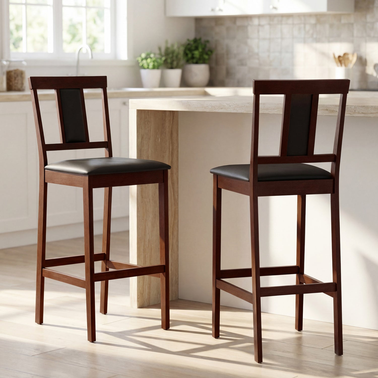 Set of 2 Upholstered Barstool 29.5 Inch Bar Height with Solid Rubber Wood Frame