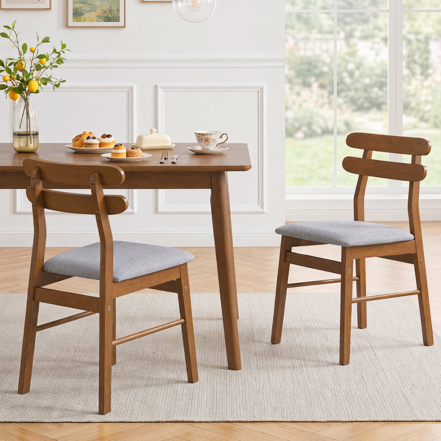 Upholstered Dining Chairs Set of 2 with Solid Wood Legs