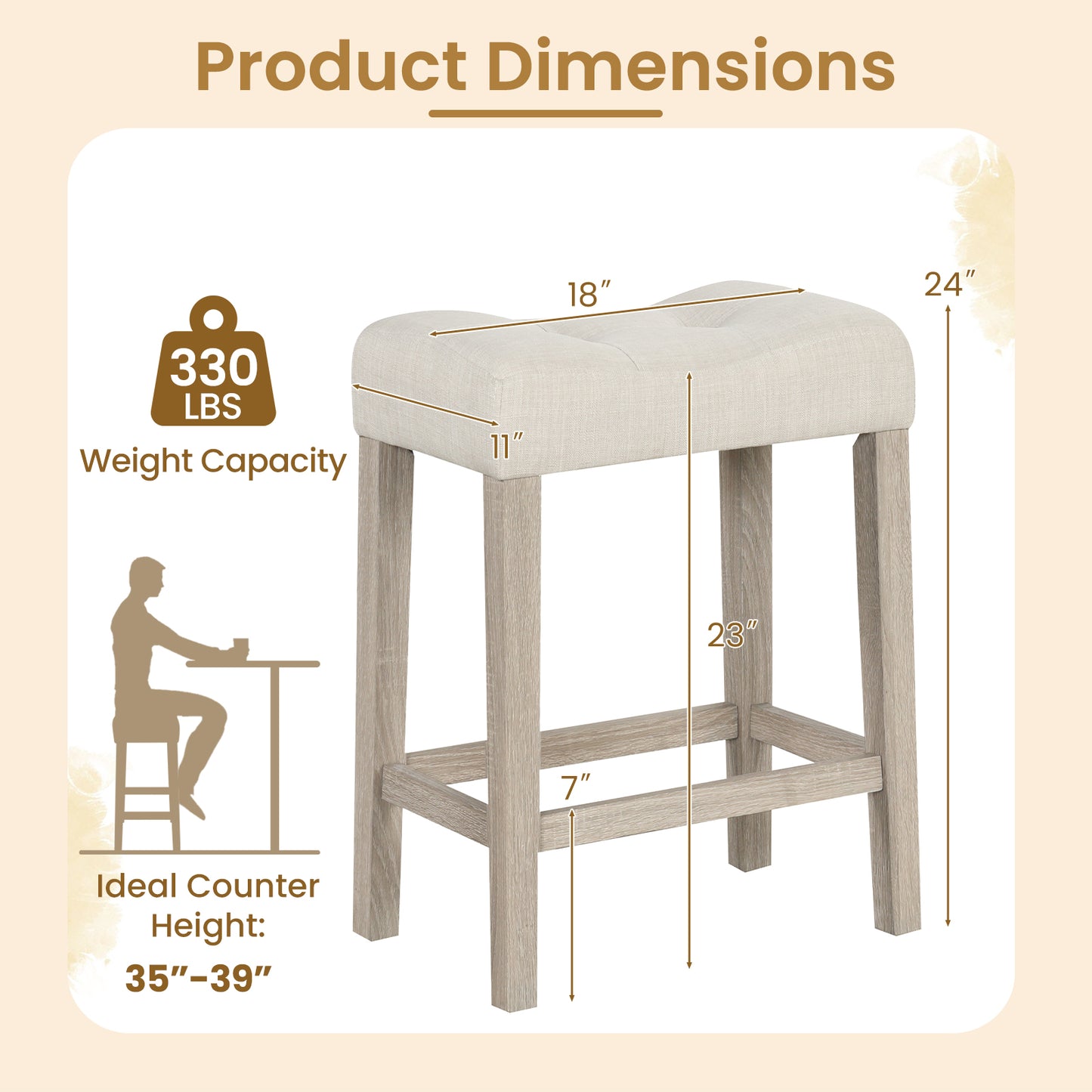 Set of 2 Upholstered Counter Height Bar Stool with Curved Saddle-Seat