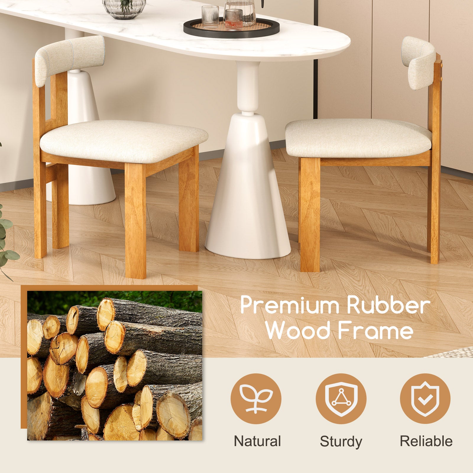 Dining Chair Set of 2 Upholstered Kitchen Chair with Padded Seat-Natural