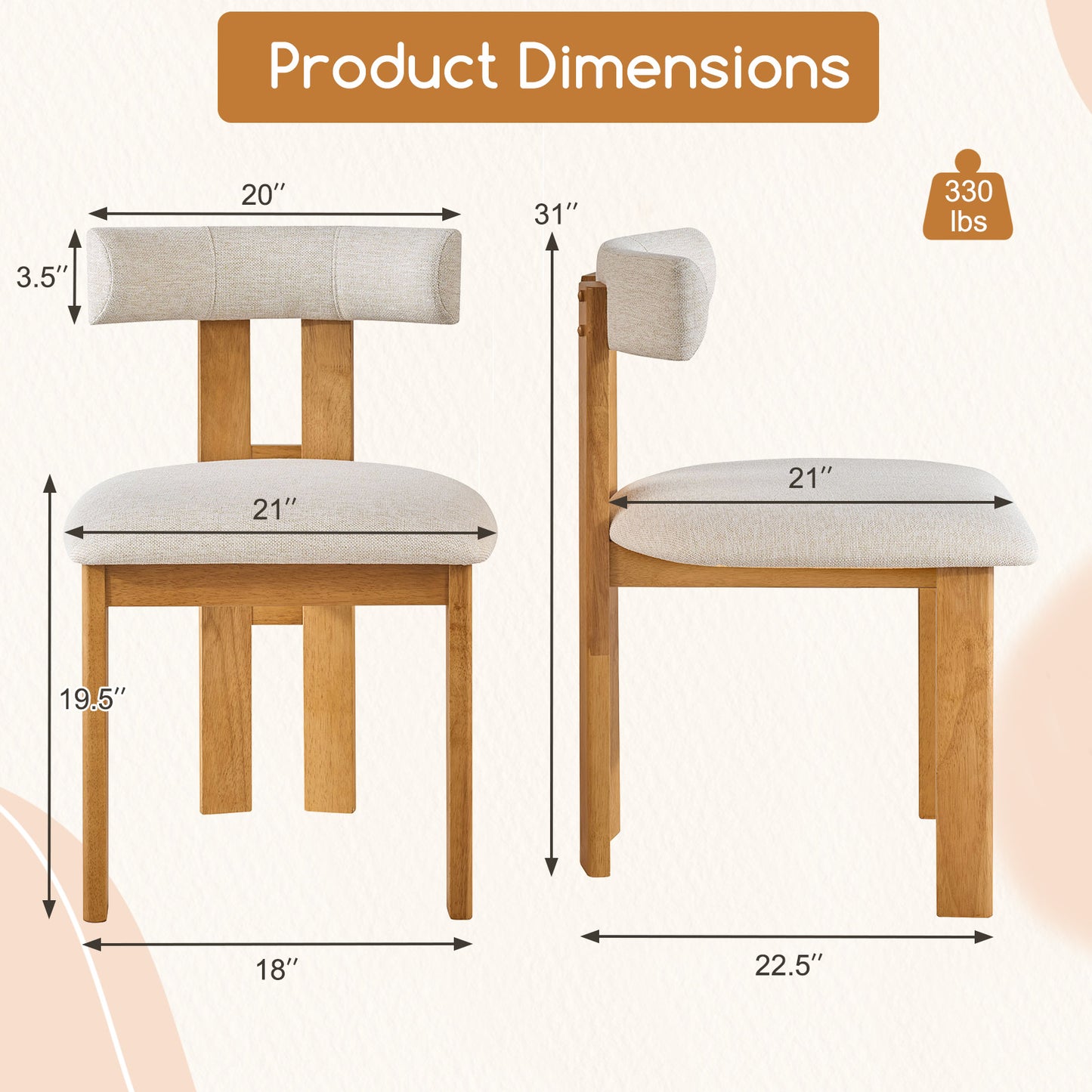 Dining Chair Set of 2 Upholstered Kitchen Chair with Padded Seat-Natural