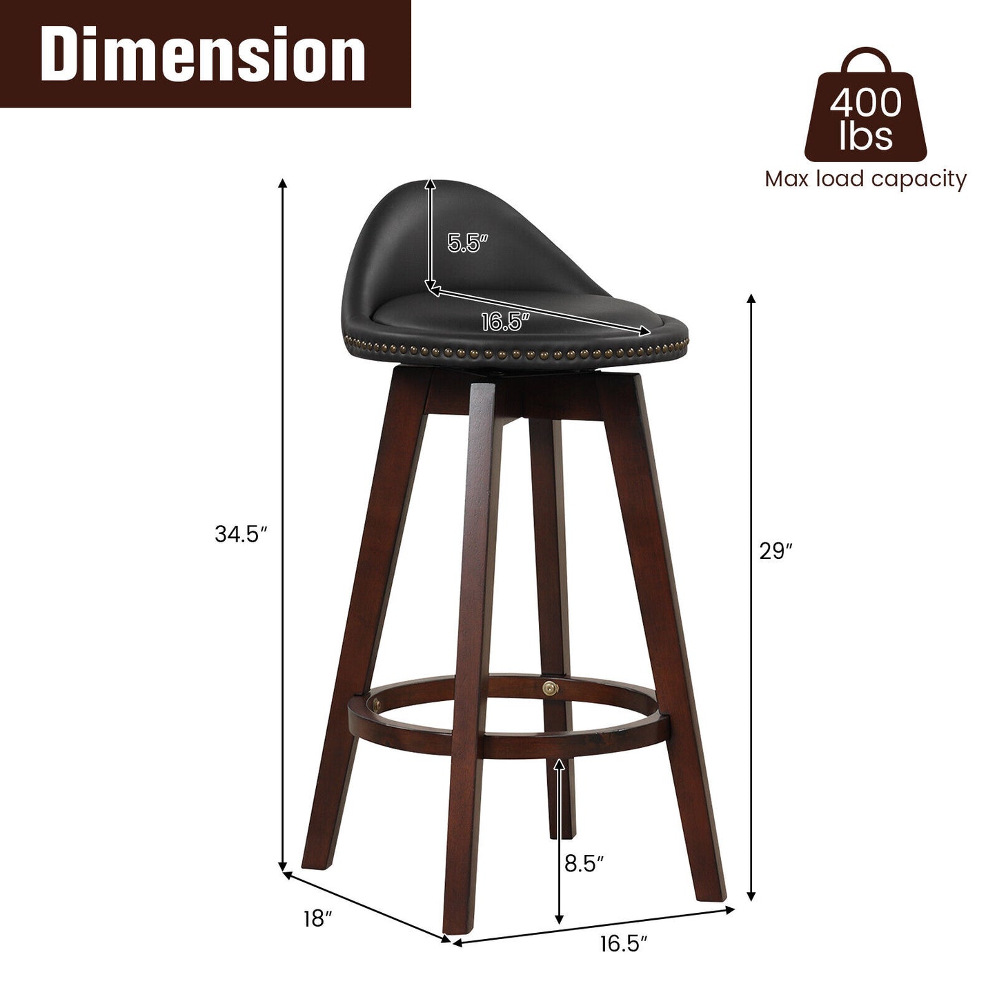 2 Pieces Cushioned Swivel Bar Stool Set with Low Back-Black