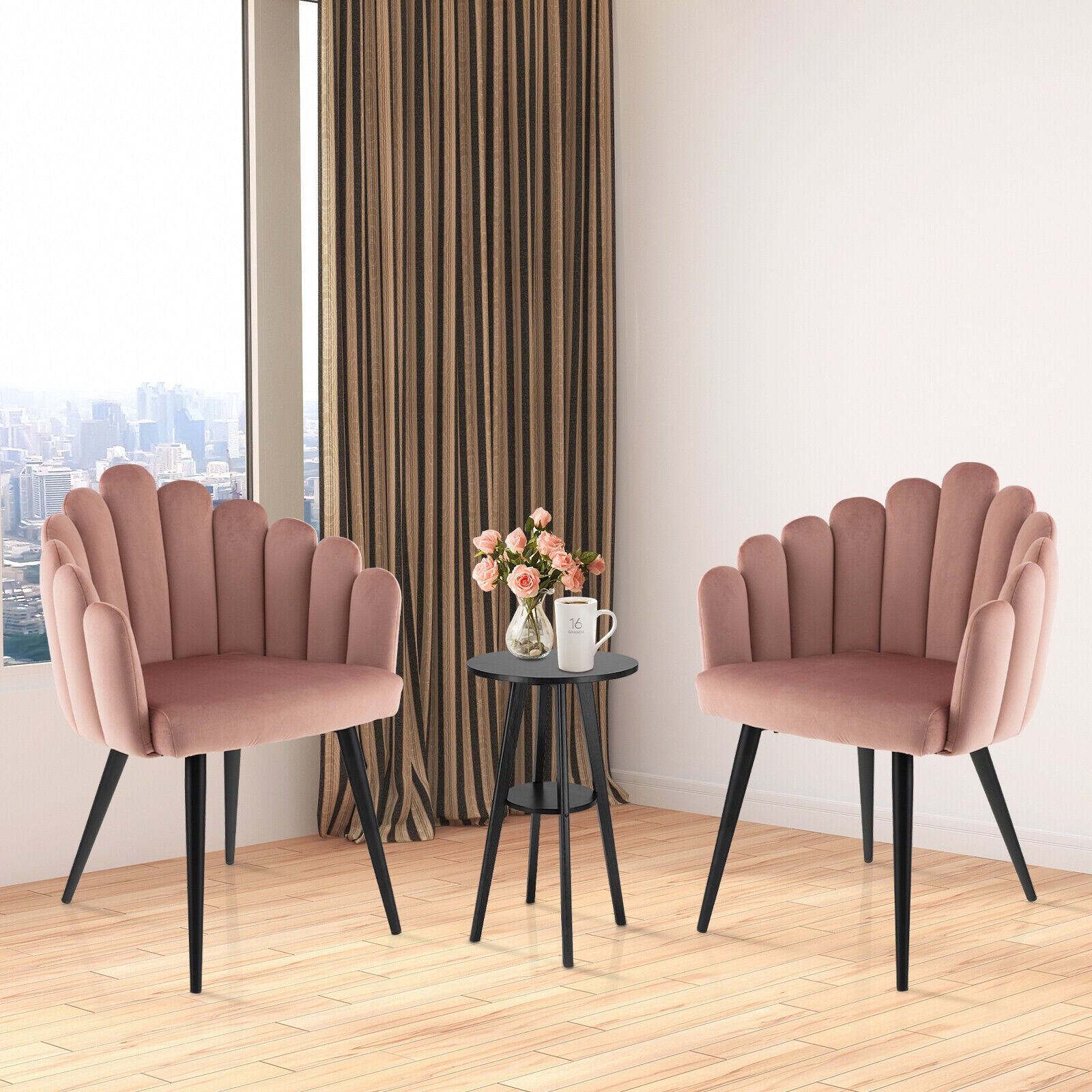 Modern Velvet Dining Chair with Metal Base and Petal Backrest-Pink