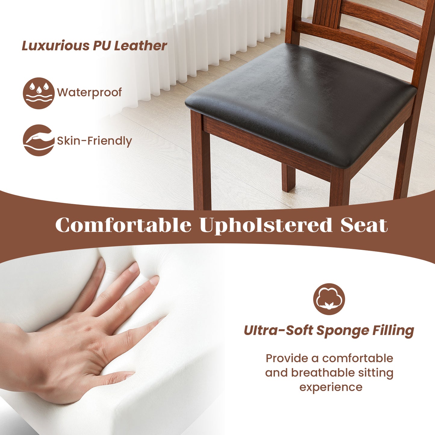 Set of 2 Wood Kitchen Chairs with Faux Leather Upholstered Seat
