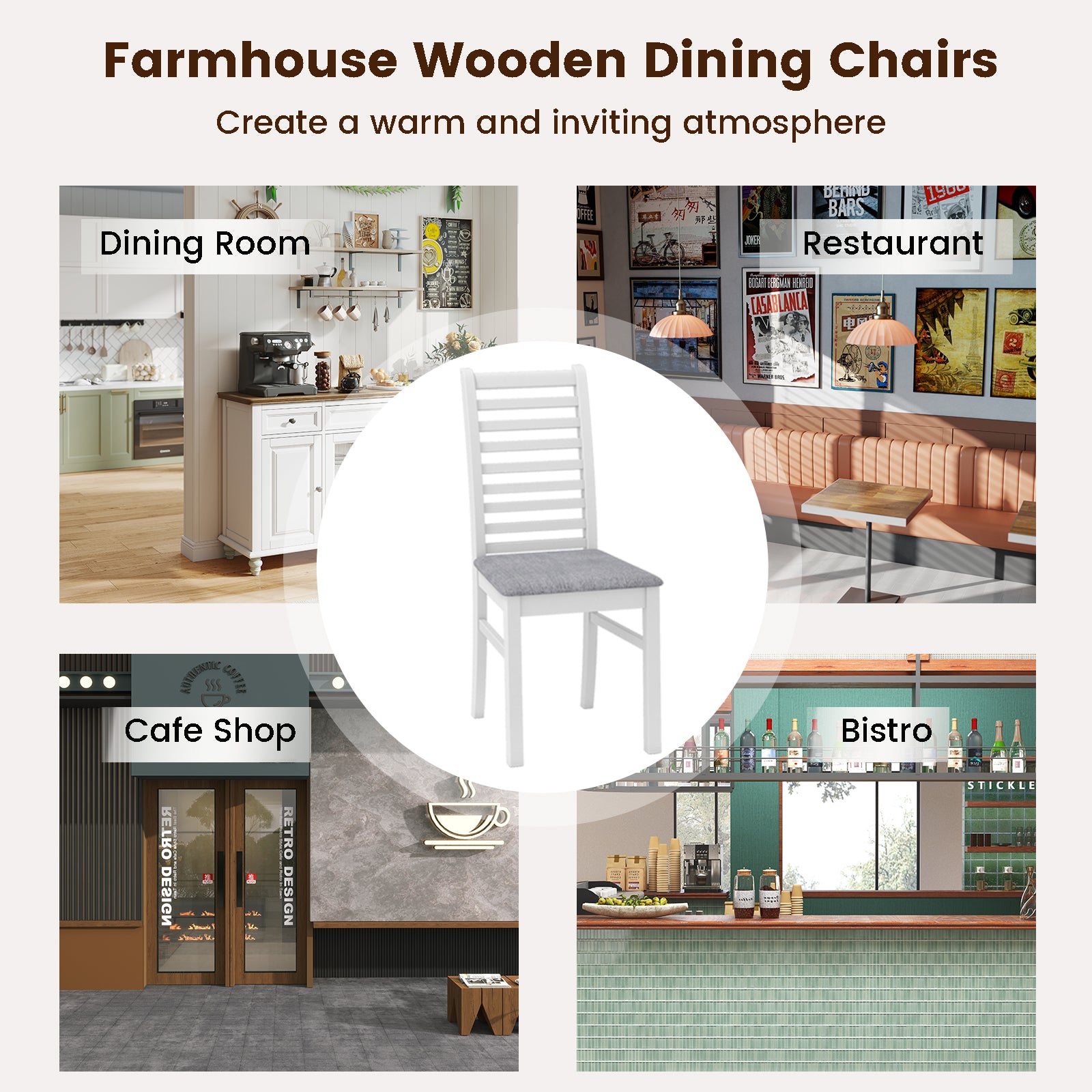 Set of 2 Wooden Dining Chair with Rubber Wood Legs for Living Room-White