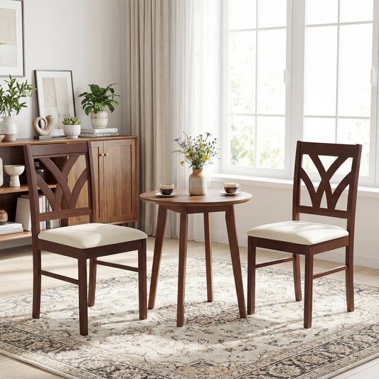 Set of 2 Wooden Dining Chairs Upholstered with Hollowed Backrest and Soft Padded Seat-Brown