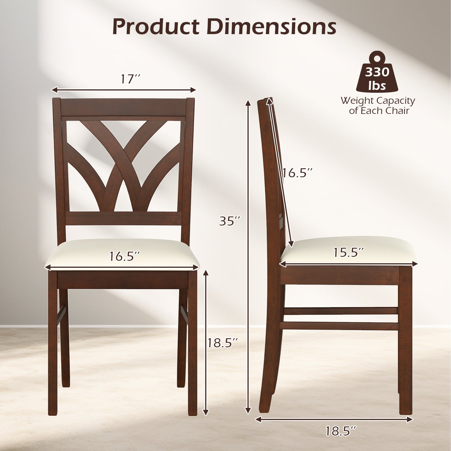 Set of 2 Wooden Dining Chairs Upholstered with Hollowed Backrest and Soft Padded Seat-Brown