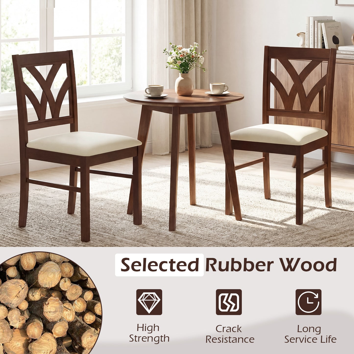 Set of 2 Wooden Dining Chairs Upholstered with Hollowed Backrest and Soft Padded Seat-Brown