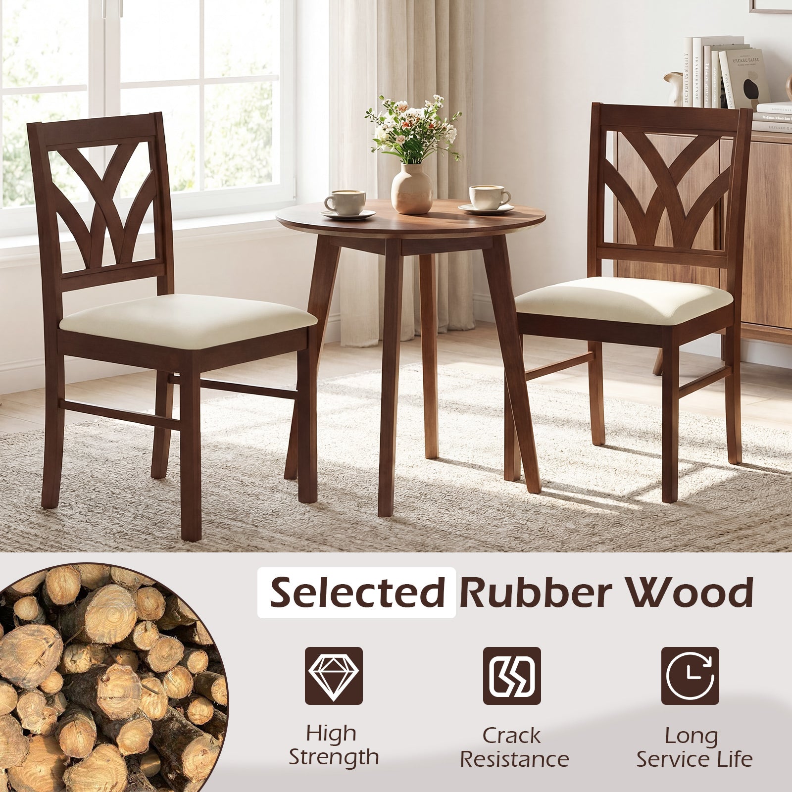 Set of 2 Wooden Dining Chairs Upholstered with Hollowed Backrest and Soft Padded Seat-Brown