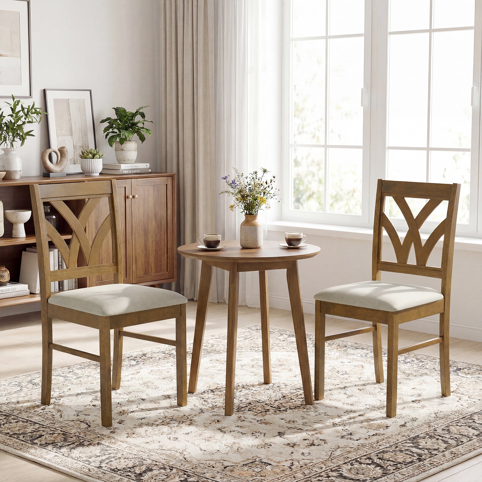 Set of 2 Wooden Dining Chairs Upholstered with Hollowed Backrest and Soft Padded Seat-Oak