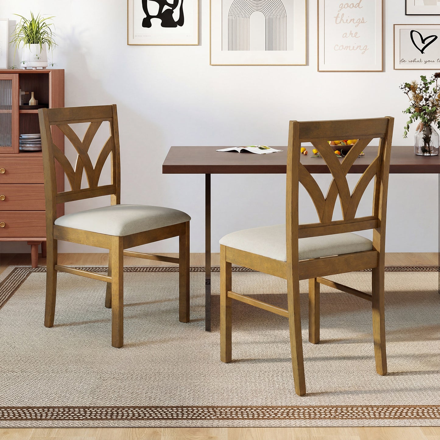Set of 2 Wooden Dining Chairs Upholstered with Hollowed Backrest and Soft Padded Seat-Oak